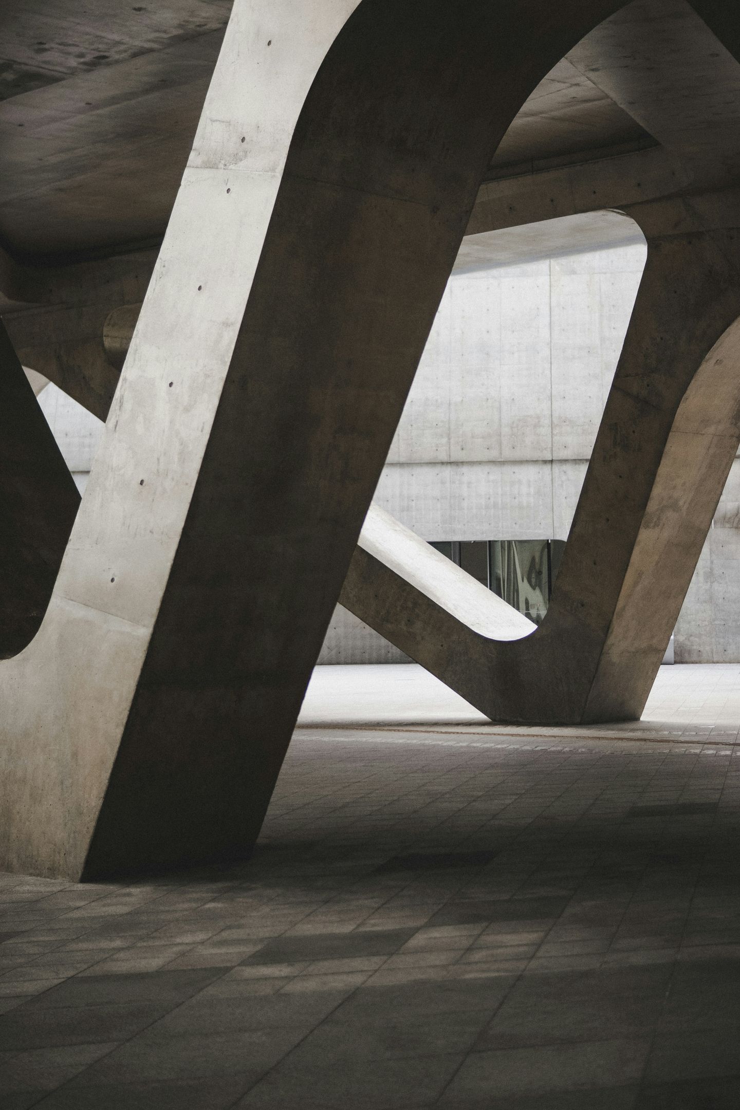 Curved exposed concrete columns under a roof